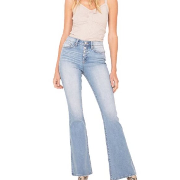 MISS ME - WOMENS HIGH-RISE FLARE JEANS Plain with stretch - Picture 1 of 16